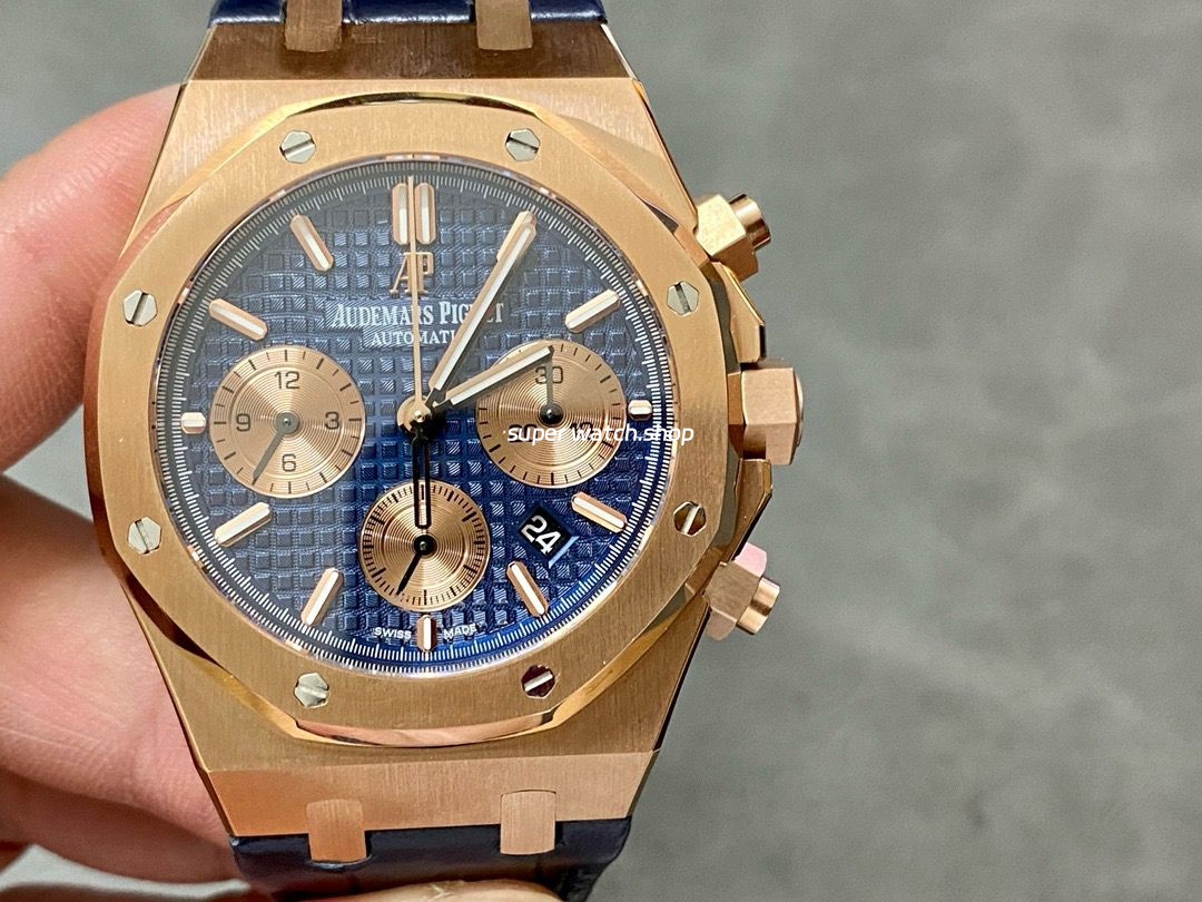 BF Factory Audemars Piguet Royal Oak Chronograph 26331OR.OO.D315CR.01 41mm Rose Gold Leather Strap Blue Dial