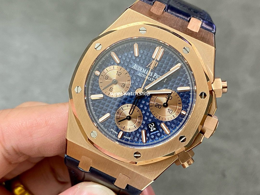 BF Factory Audemars Piguet Royal Oak Chronograph 26331OR.OO.D315CR.01 41mm Rose Gold Leather Strap Blue Dial - Image 3