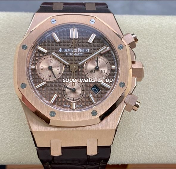 IPF Factory Audemars Piguet Royal Oak Chronograph 26239OR.OO.D821CR.01 41mm Rose Gold Leather Strap Brown Dial