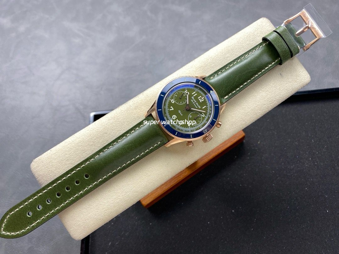 TW Factory Blancpain Air Command AC02-12B53-63B 42.5mm Blue Ceramic Rose Gold Calfskin Vintage Leather Strap Avocado Green Dial - Image 4
