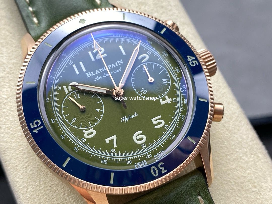 TW Factory Blancpain Air Command AC02-12B53-63B 42.5mm Blue Ceramic Rose Gold Calfskin Vintage Leather Strap Avocado Green Dial - Image 2