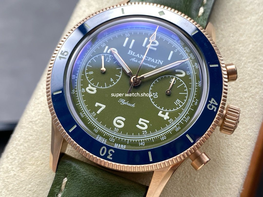 TW Factory Blancpain Air Command AC02-12B53-63B 42.5mm Blue Ceramic Rose Gold Calfskin Vintage Leather Strap Avocado Green Dial - Image 3