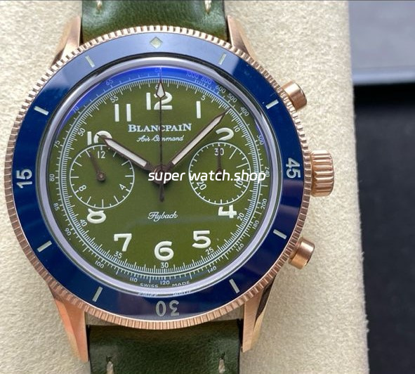TW Factory Blancpain Air Command AC02-12B53-63B 42.5mm Blue Ceramic Rose Gold Calfskin Vintage Leather Strap Avocado Green Dial