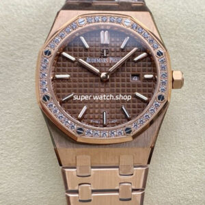 ZF Factory Audemars Piguet Royal Oak Lady 33mm Diamond Bezel Full Rose Gold Brown Dial