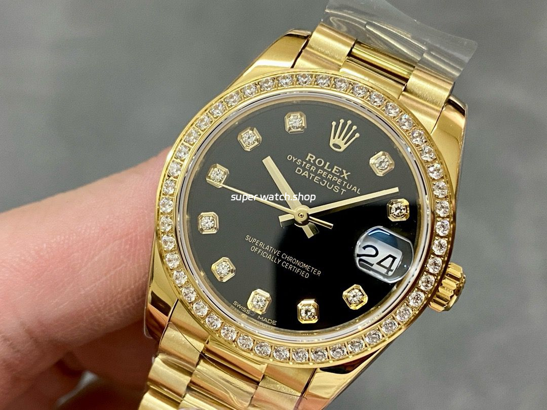 A+ Factory Rolex Datejust 178288 31mm Diamond Bezel Full Yellow Gold Diamond Mop Black Dial - Image 3