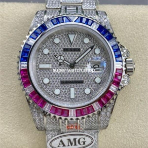 AMG Factory Rolex Submariner Date 116610 40mm Blue Red Diamond Bezel Full 904L Diamond Diamond Dial