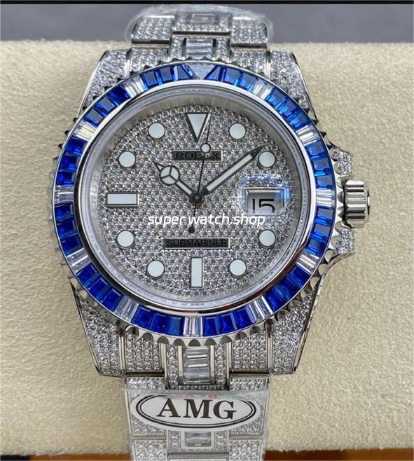 AMG Factory Rolex Submariner Date 116610 40mm Blue White Diamond Bezel Full 904L Diamond Diamond Dial