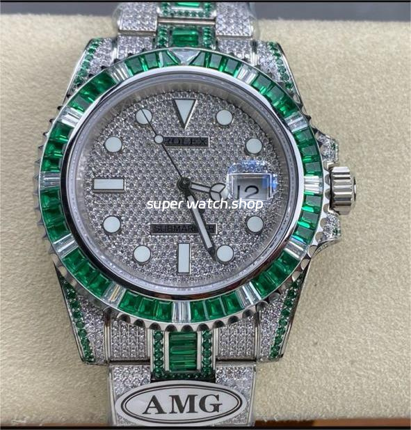 AMG Factory Rolex Submariner Date 116610 40mm Green White Diamond Bezel Full 904L Green Diamond Diamond Dial