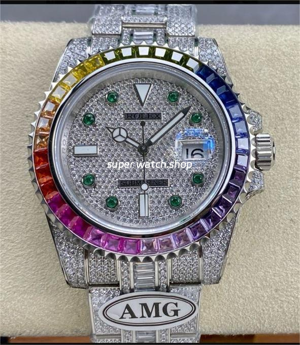 AMG Factory Rolex Submariner Date 116610 40mm Rainbow Diamond Bezel Full 904L Diamond Green Word Pin Diamond Dial