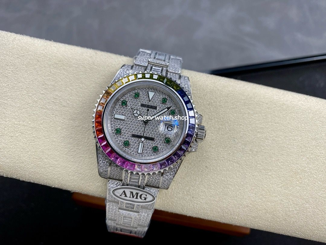AMG Factory Rolex Submariner Date 116610 40mm Rainbow Diamond Bezel Full 904L Diamond Green Word Pin Diamond Dial - Image 5