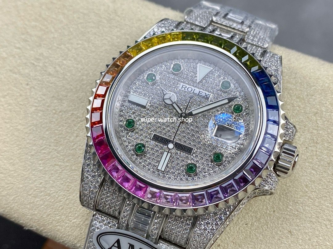 AMG Factory Rolex Submariner Date 116610 40mm Rainbow Diamond Bezel Full 904L Diamond Green Word Pin Diamond Dial - Image 3