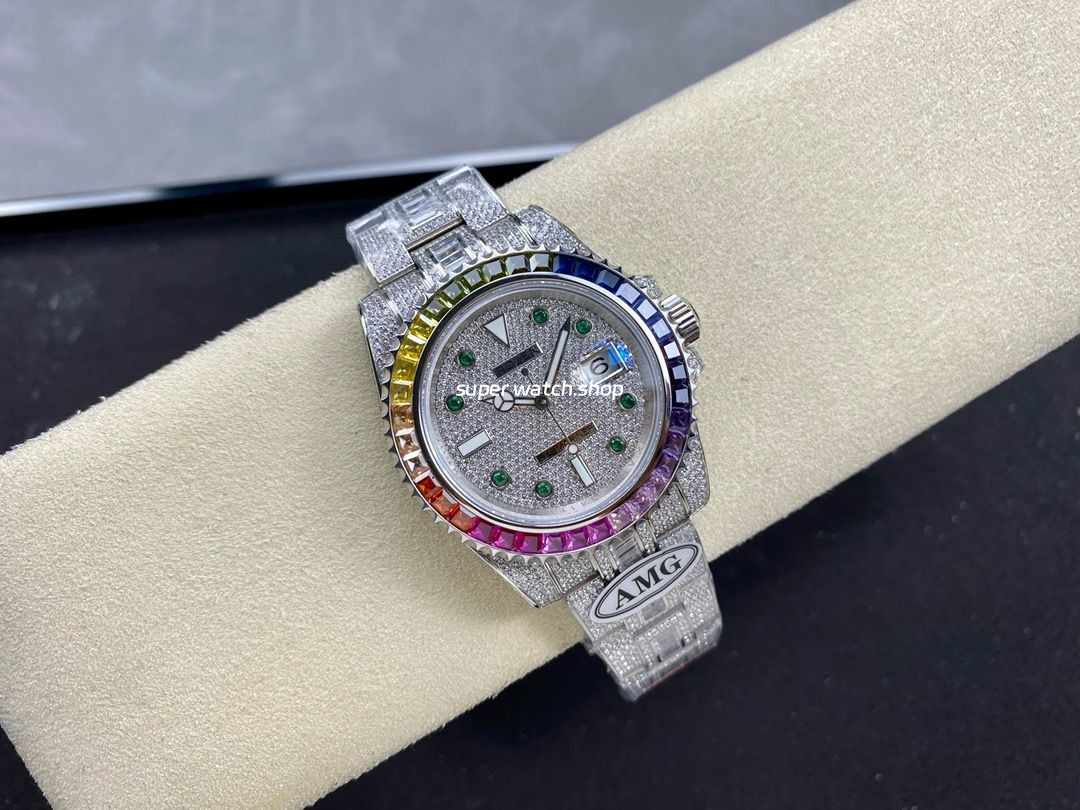 AMG Factory Rolex Submariner Date 116610 40mm Rainbow Diamond Bezel Full 904L Diamond Green Word Pin Diamond Dial - Image 4