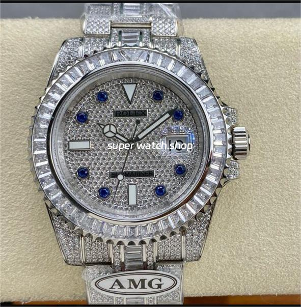 AMG Factory Rolex Submariner Date 116610 40mm White Diamond Bezel Full 904L Diamond Blue Word Pin Diamond Dial