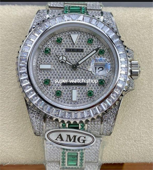 AMG Factory Rolex Submariner Date 116610 40mm White Diamond Bezel Full 904L Green Diamond Green Word Pin Diamond Dial