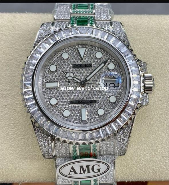 AMG Factory Rolex Submariner Date 116610 40mm White Diamond Bezel Full 904L Green Diamond Diamond Dial