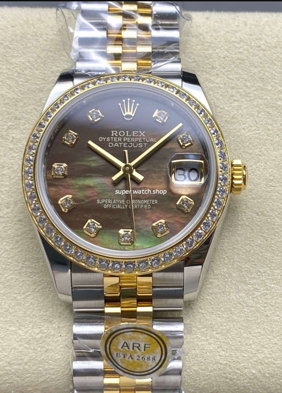 ARF Factory Counterweight Rolex Datejust 278383RBR-0024 31mm Yellow Gold Diamond Bezel Black Mother of Pearl Dial