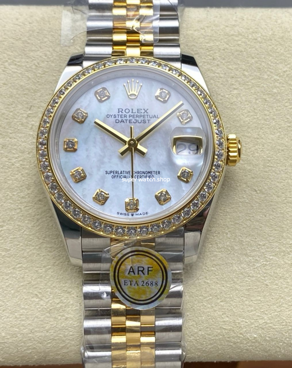 ARF Factory Counterweight Rolex Datejust 278383RBR-0028 31mm Yellow Gold Diamond Bezel Mother of Pearl Dial
