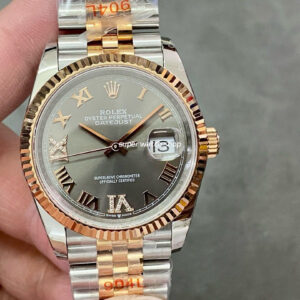 GM Factory Rolex Datejust 126231-0023 36mm Half Rose Gold Diamond&Roman Numerals Grey Dial Jubilee