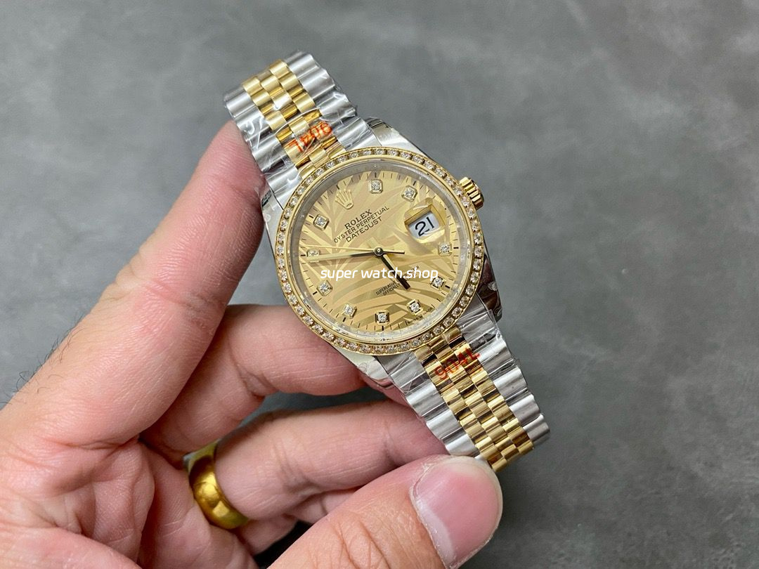 GM Factory Rolex Datejust 126283RBR-0029 36mm Diamond Yellow Gold Bezel Half Yellow Gold Diamond Mop Gold Palm Motif Dial Jubilee - Image 4