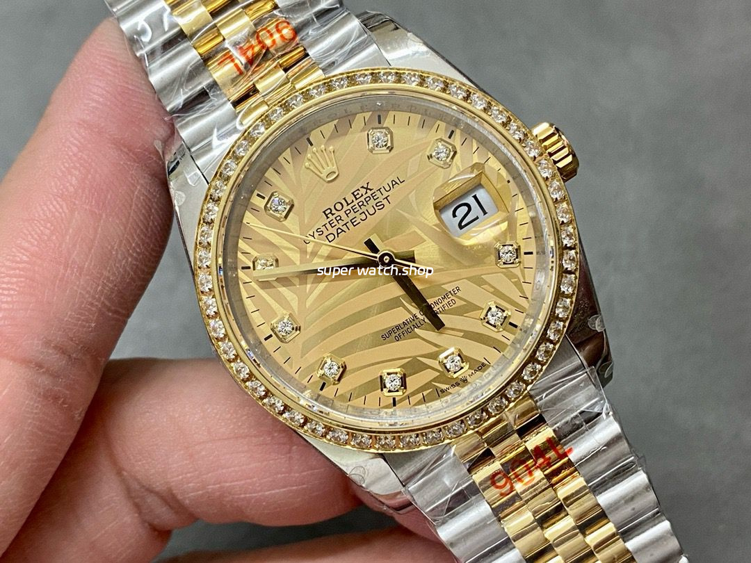 GM Factory Rolex Datejust 126283RBR-0029 36mm Diamond Yellow Gold Bezel Half Yellow Gold Diamond Mop Gold Palm Motif Dial Jubilee - Image 2