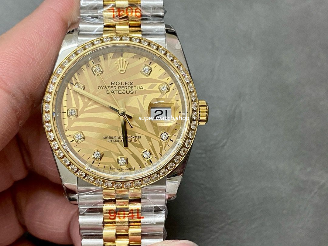 GM Factory Rolex Datejust 126283RBR-0029 36mm Diamond Yellow Gold Bezel Half Yellow Gold Diamond Mop Gold Palm Motif Dial Jubilee