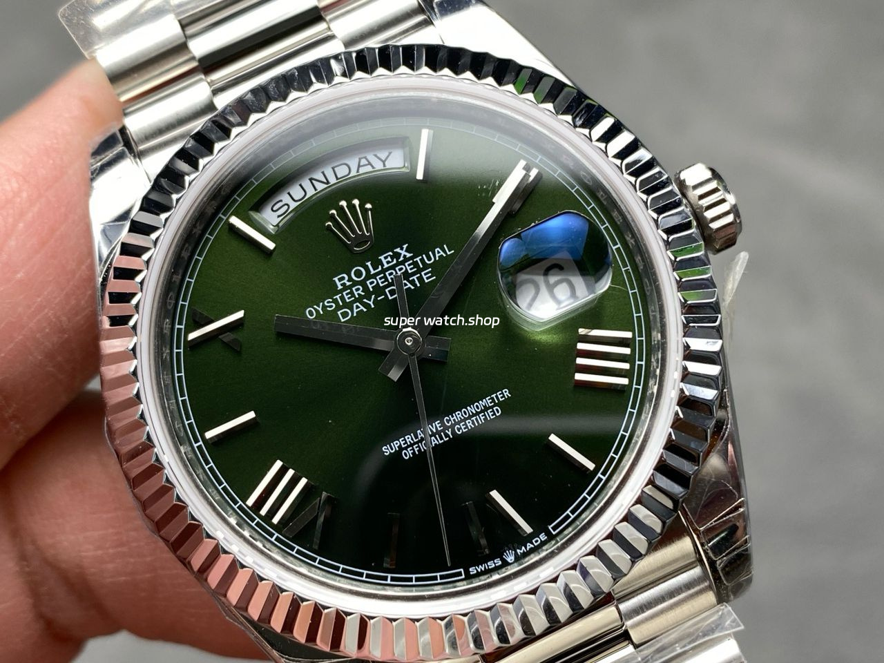 KF Factory Counterweight Rolex Day-Date 228239-0033 40mm Full White Gold Roman Numerals Dark Green Dial - Image 2