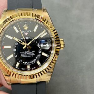 Noob Factory Rolex Sky-Dweller 336238-0002 42mm Yellow Gold Rubber Strap Black Dial