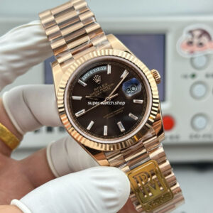 PPM Factory Counterweight Rolex Day-Date 228235-0003 40mm Full Rose Gold Baguette Diamond Brown Dial