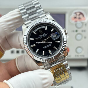 PPM Factory Counterweight Rolex Day-Date 228239-0005 40mm Full White Gold Baguette Diamond Black Dial