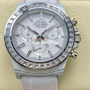 PPM Factory Rolex Daytona Modified 116500 White Carbon Fiber Calf Skin Strap Diamond Baguette White Dial