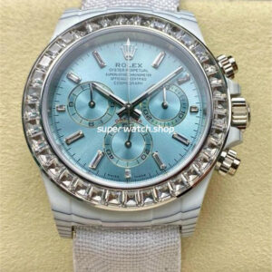 PPM Factory Rolex Daytona Modified 126506 Carbon Fiber Calf Skin Strap Diamond Baguette Ice Blue Dial