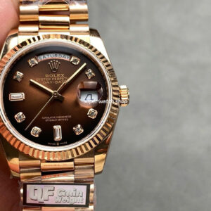 QF Factory Counterweight Rolex Day-Date 36 128235-0037 36mm Full Rose Gold Diamond Mope Baguette Diamond Brown Dial