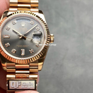 QF Factory Counterweight Rolex Day-Date 36 128235-0051 36mm Full Rose Gold Diamond Mope Baguette Diamond Grey Dial