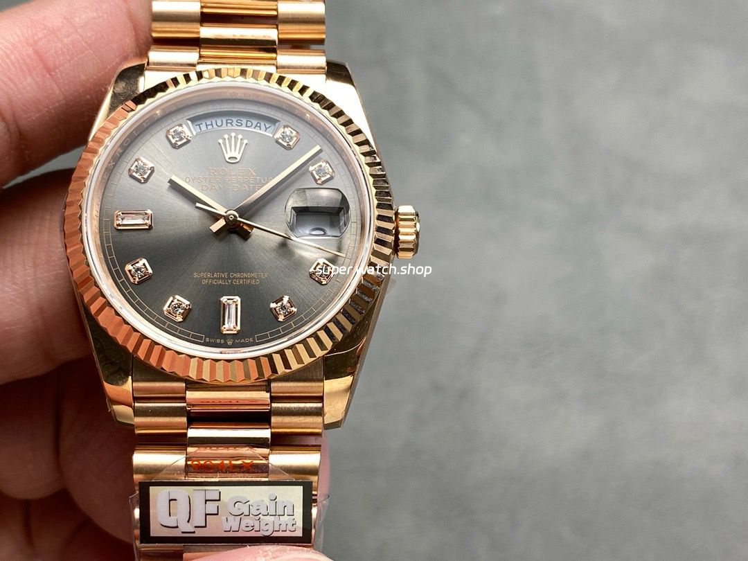 QF Factory Counterweight Rolex Day-Date 36 128235-0051 36mm Full Rose Gold Diamond Mope Baguette Diamond Grey Dial