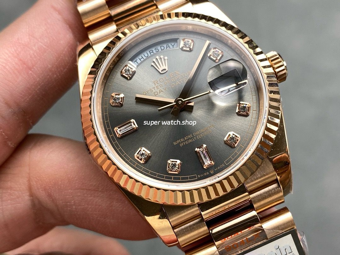 QF Factory Counterweight Rolex Day-Date 36 128235-0051 36mm Full Rose Gold Diamond Mope Baguette Diamond Grey Dial - Image 2