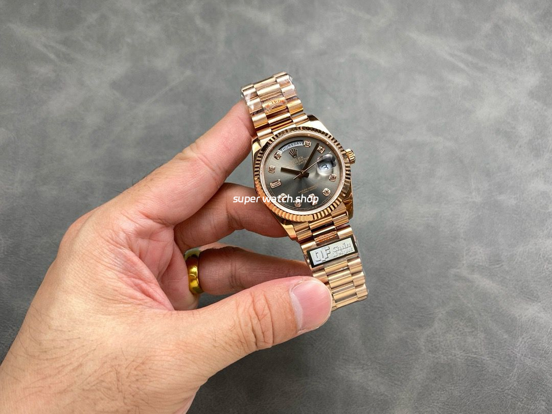 QF Factory Counterweight Rolex Day-Date 36 128235-0051 36mm Full Rose Gold Diamond Mope Baguette Diamond Grey Dial - Image 4