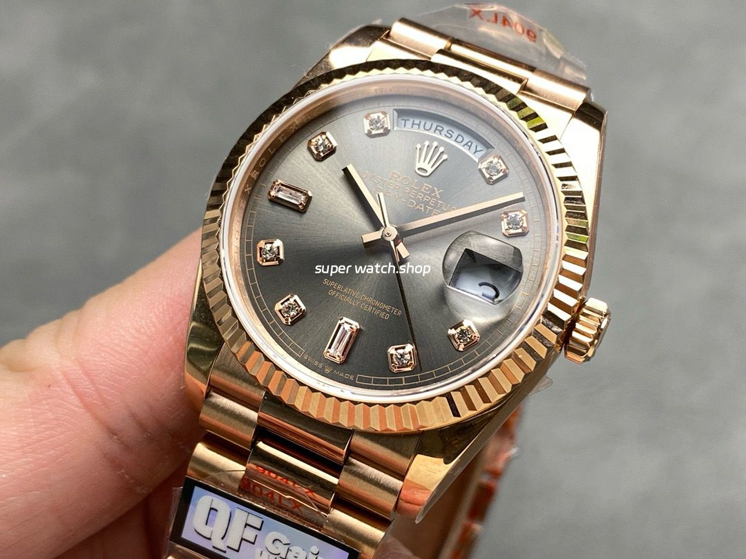 QF Factory Counterweight Rolex Day-Date 36 128235-0051 36mm Full Rose Gold Diamond Mope Baguette Diamond Grey Dial - Image 3
