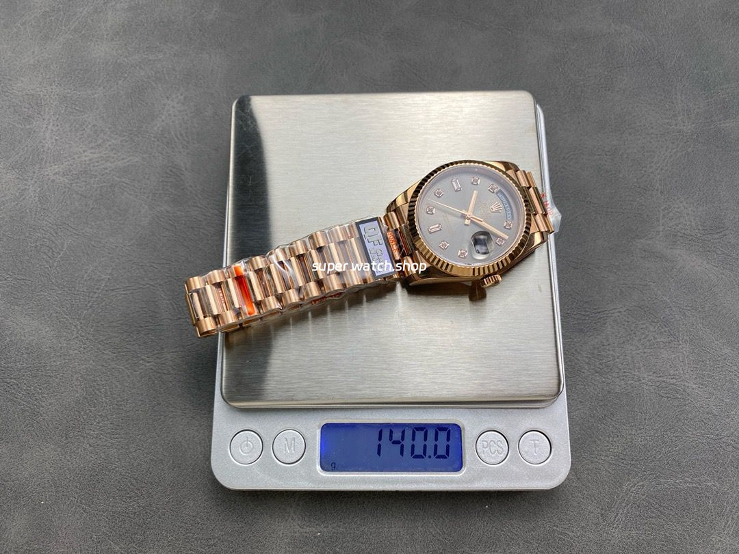 QF Factory Counterweight Rolex Day-Date 36 128235-0051 36mm Full Rose Gold Diamond Mope Baguette Diamond Grey Dial - Image 9