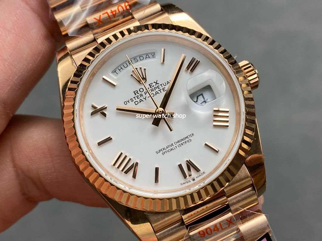 QF Factory Counterweight Rolex Day-Date 36 128235-0052 36mm Full Rose Gold Roman Numerals White Dial - Image 2