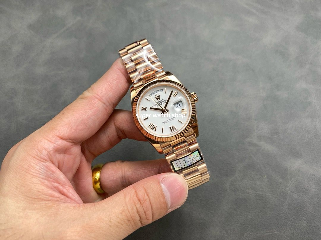 QF Factory Counterweight Rolex Day-Date 36 128235-0052 36mm Full Rose Gold Roman Numerals White Dial - Image 4