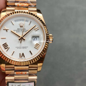 QF Factory Counterweight Rolex Day-Date 36 128235-0052 36mm Full Rose Gold Roman Numerals White Dial