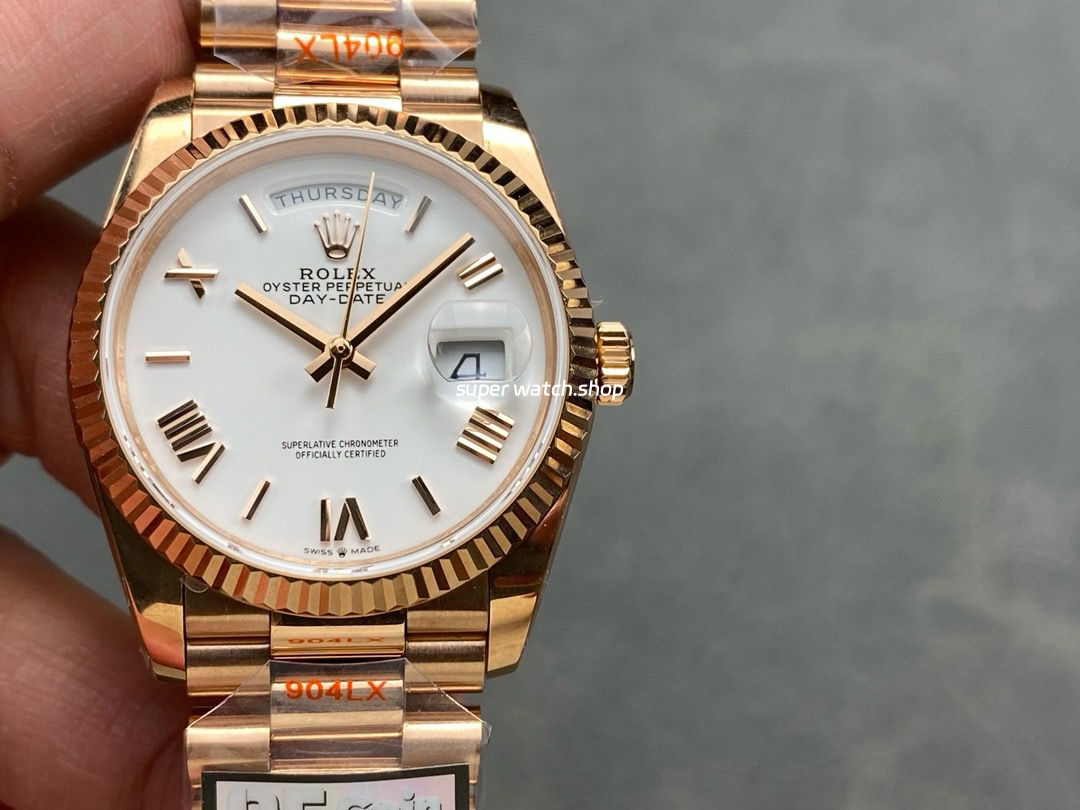 QF Factory Counterweight Rolex Day-Date 36 128235-0052 36mm Full Rose Gold Roman Numerals White Dial