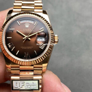 QF Factory Counterweight Rolex Day-Date 36 128235-0075 36mm Full Rose Gold Roman Numerals Brown Dial