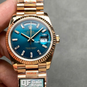 QF Factory Counterweight Rolex Day-Date 36 128235-0085 36mm Full Rose Gold Baguette Diamonds Dark Blue Dial