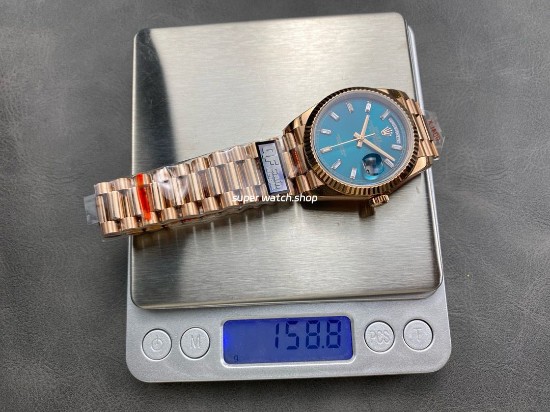 QF Factory Counterweight Rolex Day-Date 36 128235-0085 36mm Full Rose Gold Baguette Diamonds Dark Blue Dial - Image 9
