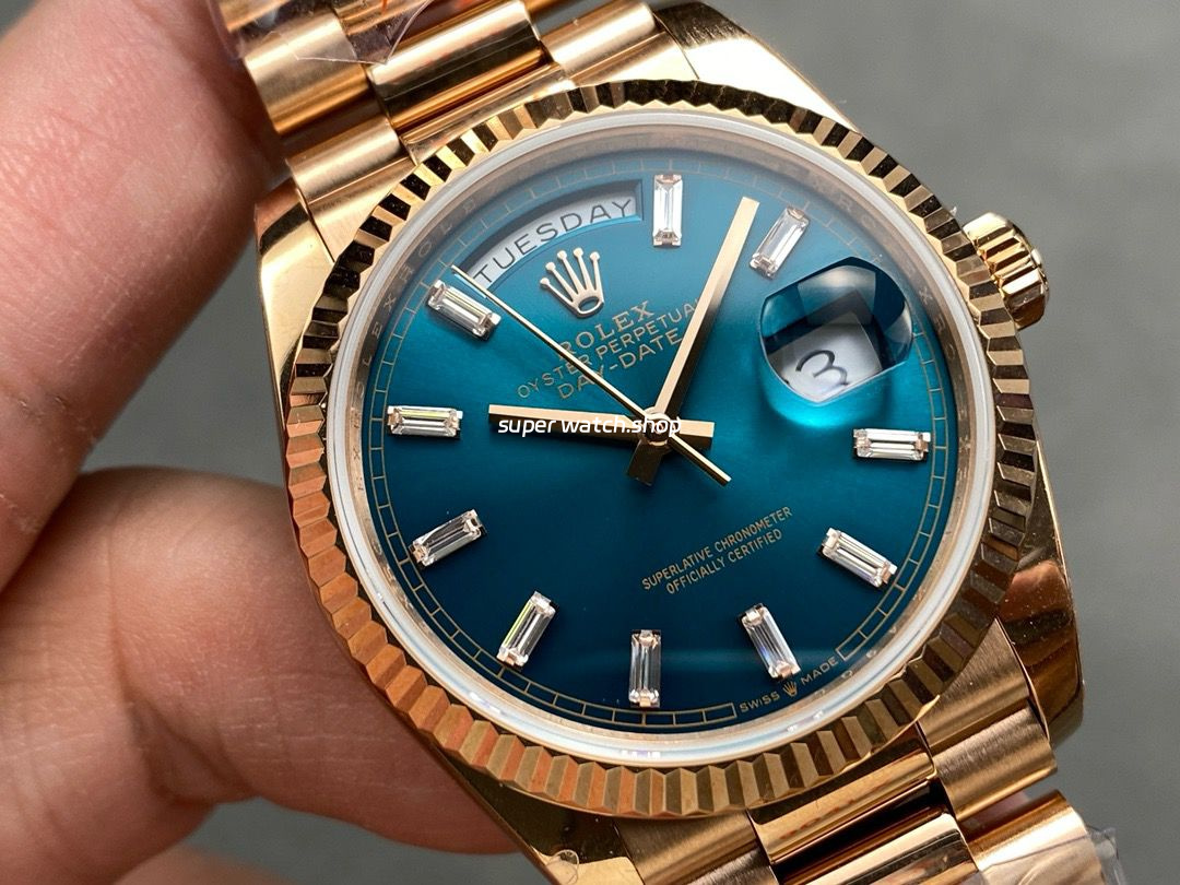 QF Factory Counterweight Rolex Day-Date 36 128235-0085 36mm Full Rose Gold Baguette Diamonds Dark Blue Dial - Image 2
