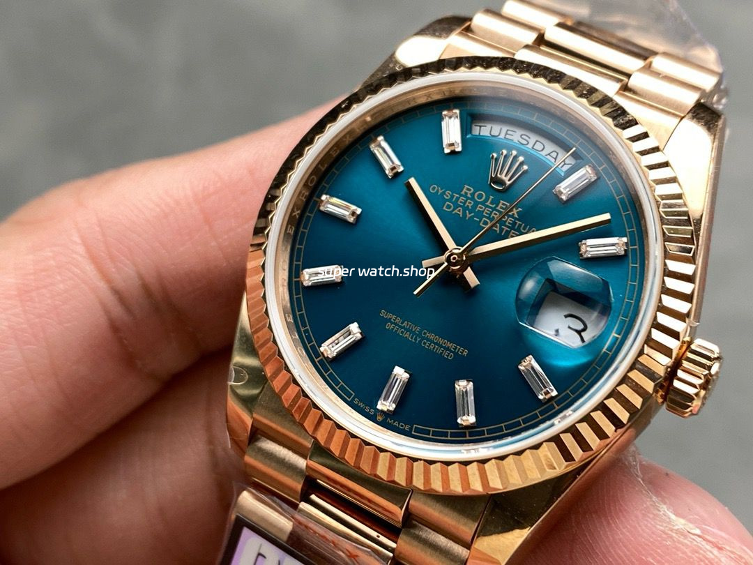 QF Factory Counterweight Rolex Day-Date 36 128235-0085 36mm Full Rose Gold Baguette Diamonds Dark Blue Dial - Image 3