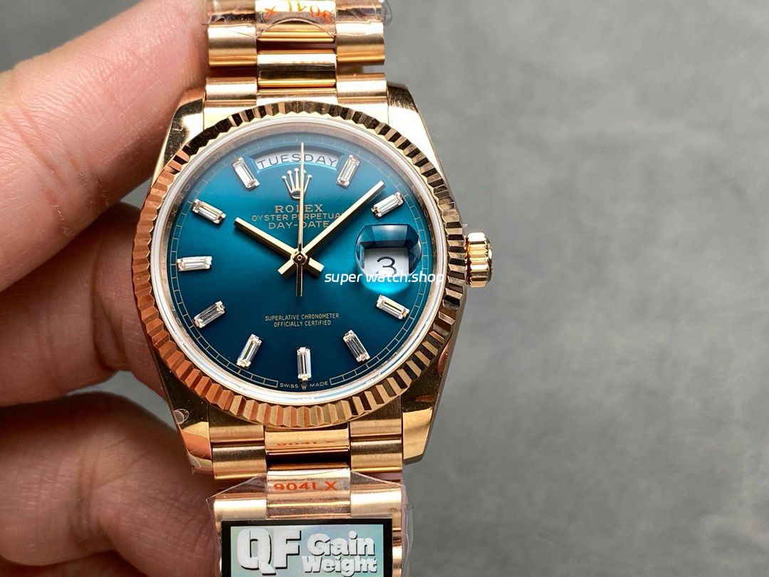 QF Factory Counterweight Rolex Day-Date 36 128235-0085 36mm Full Rose Gold Baguette Diamonds Dark Blue Dial