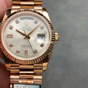 QF Factory Counterweight Rolex Day-Date 36 128235 36mm Full Rose Gold Diamond Mop Baguette Diamond Silver Dial
