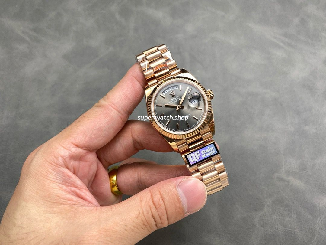 QF Factory Counterweight Rolex Day-Date 36 128235 36mm Full Rose Gold Grey Dial - Image 4